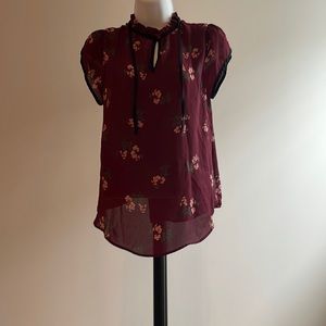 Beautiful burgundy short sleeve blouse .. with pink flowers